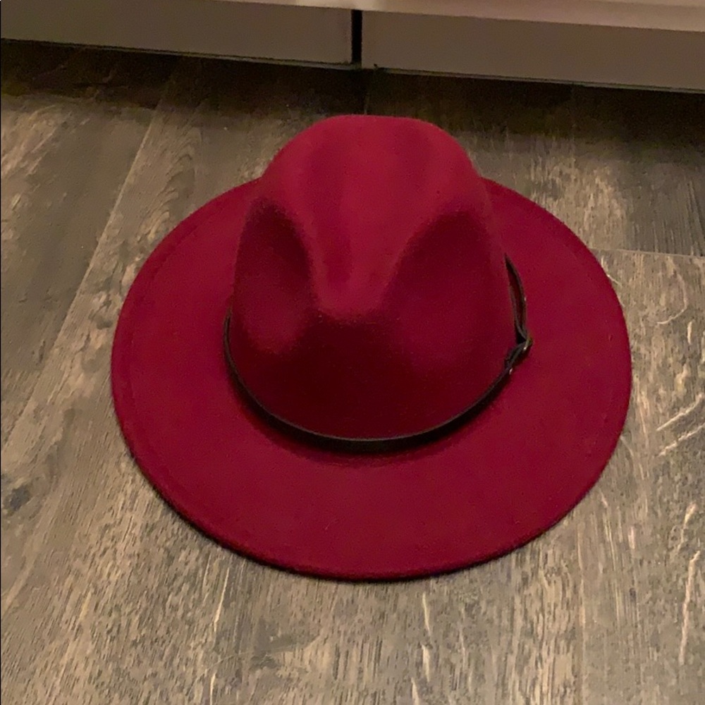 Red hard brim hat with black thin strap